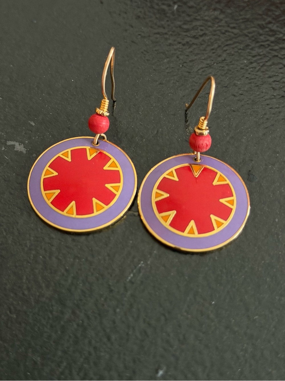 Laurel Burch Myth Earrings Red Purple Enamel Disc Dangle Signed Vintage Hook